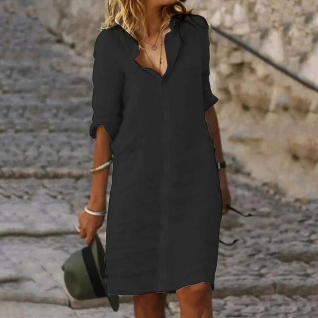 (black, XL) Summer Cotton Linen Shirt Dress Women Button Half Sleeve Casual Mini Dresses Women Elegant Loose Beach Party Dresses Vestidos