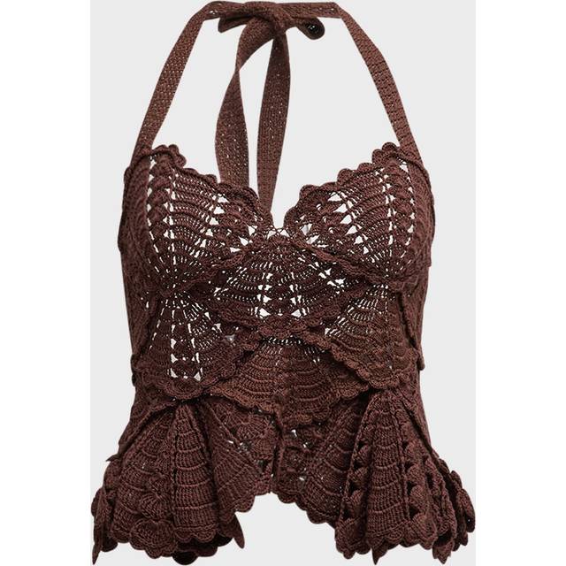 Shell Crochet Knit Halter Peplum Tank Top - DARK BROWN - X-Small
