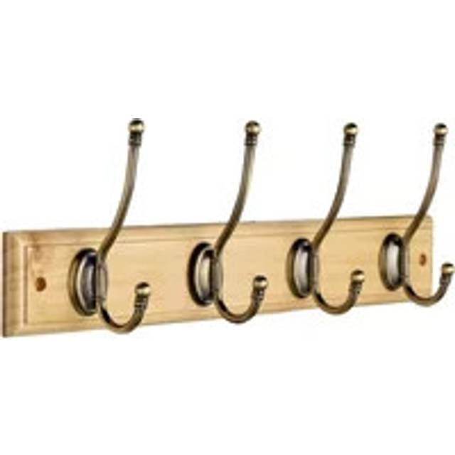 4 Antique Double Brass Clothing Hooks on Pine Wood Board - Decorails