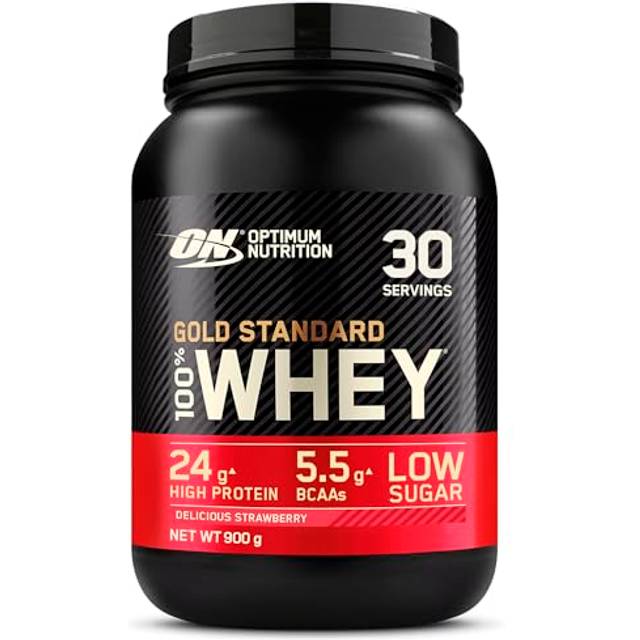 Optimum Nutrition ON Gold standard whey proteinpulver, protevitpulver för muskeluppbyggnad, naturligt inkluderat BCAA och glutamin, utsökt jordgubb, 30 portioner, 908 g, förpackningen kan variera