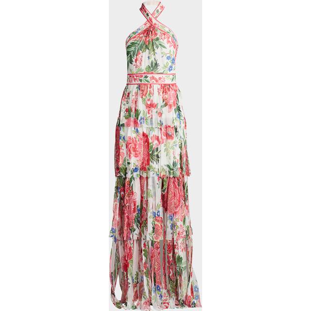 Tiered Floral-Print Car Wash Halter Gown - WHITE/FUCHSIA FLORAL - 16