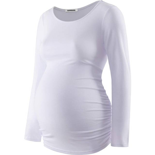 GINKANA Maternity Shirt Long Sleeve Basic Top Side Ruching Bodycon Tshirt for Mama Pregnant Women White