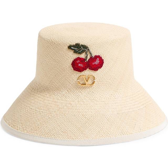 Valentino Garavani Vlogo Signature Straw Bucket Hat With Leather Trim And Cherryfic Embroidery Woman NATURAL/MULTICOLOUR S