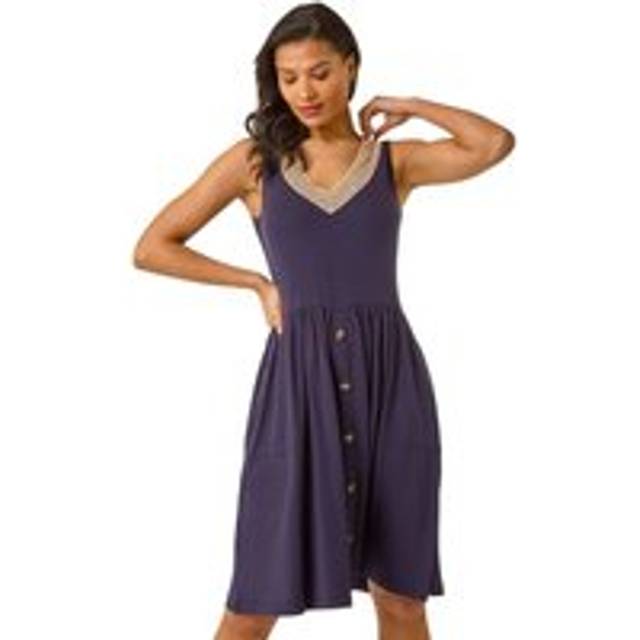 Roman Navy Contrast V-Neck Stretch Dress - Size 18