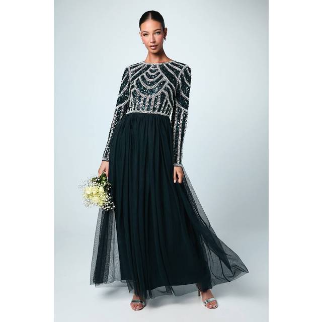Coast Honoured Long Sleeve Sequin Bodice Tulle Skirt Maxi Bridesmaid Dress - Navy - 12