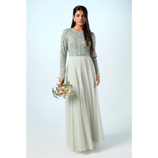 Petite Mixed Gem Tulle Skirt Bridesmaid Dress - Sage - 10