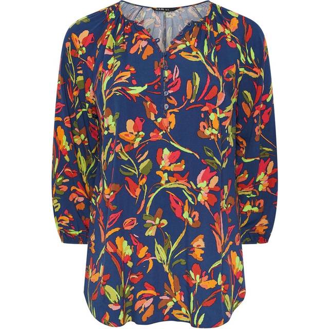 Yours Curve Navy Blue Floral Button Detail Blouse, Women's Curve & Plus Size, Yours - 18