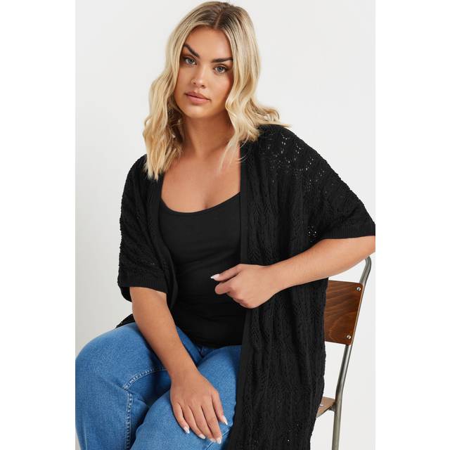 Yours Curve Black Crochet Short Sleeve Cardigan, Women's Curve & Plus Size, Yours - 22-24