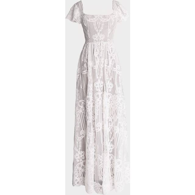 Janis Flutter-Sleeve Lace Maxi Dress - WHITE NUDE - X-Small