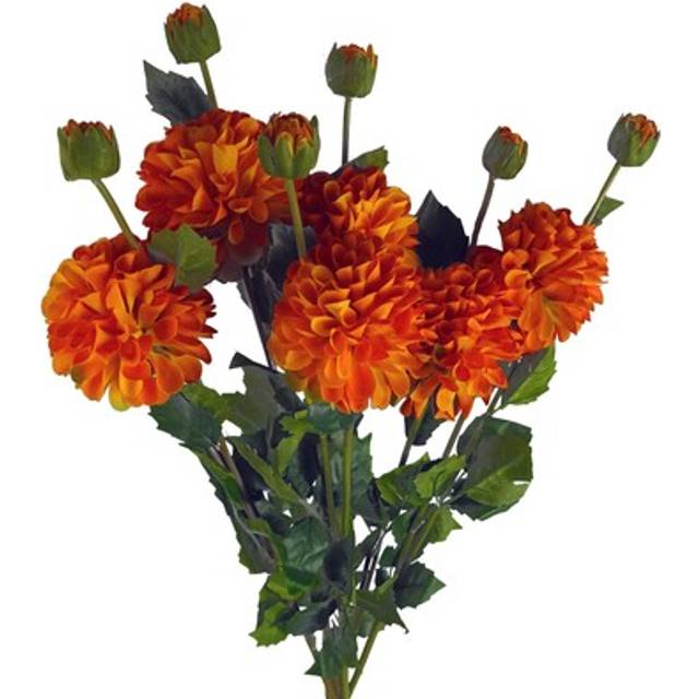 Leaf - Pack of 6 x 75cm Artificial Dahlia PomPom Flower Stem Orange