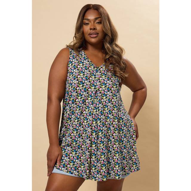 Yours Curve Black & Pink Floral Pleat Front Vest Top, Women's Curve & Plus Size, Yours - 30-32