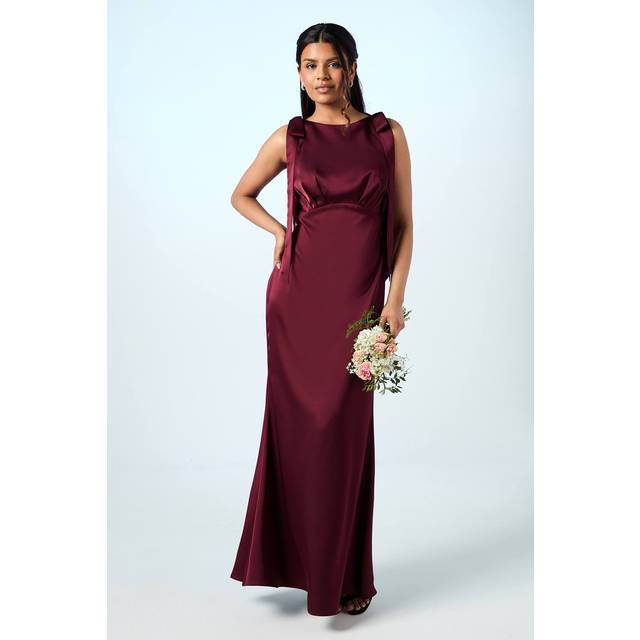 Coast Honoured Petite Sleeveless High Neck Tie Shoulder Satin Maxi Bridesmaid Dress - Malbec - 8