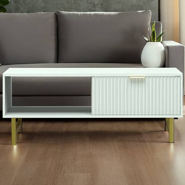 Kosy Koala Modern White Coffee Table With Storage, Gold Metal Legs And Handles Stylish Centre Table For Living Room And Lounge, Multi