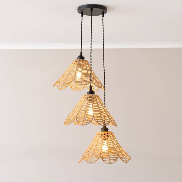 Vine Rattan Flower Shade 3 Drop Cluster Matte Black Ceiling Pendant Light - Natural - One Size