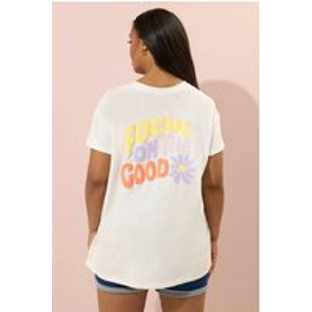 Yours Curve Ivory White 'Focus On The Good' Graphic Back Print Tshirt, Women's Curve & Plus Size, Yours - 22-24