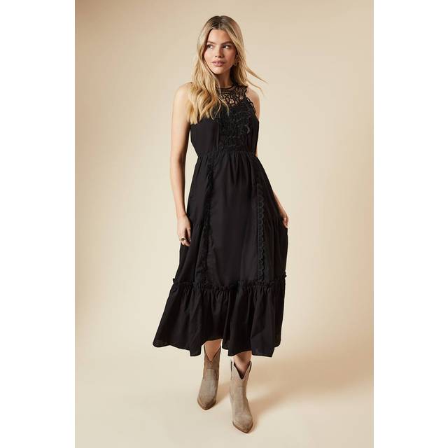Womens Black Lace Yoke Tie Back Halterneck Midi Dress - 8