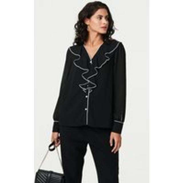 Izabel London Contrast Trim Semi Sheer Ruffled Blouse - Black - 18