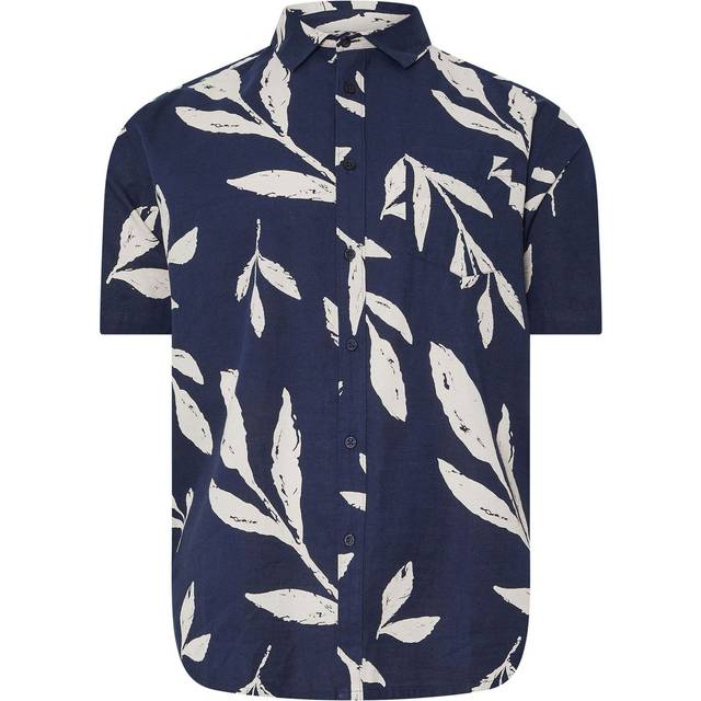 BadRhino Leaf Print Short Sleeve Linen Shirt - Blue, Blue, Size 3Xl, Men - 3XL