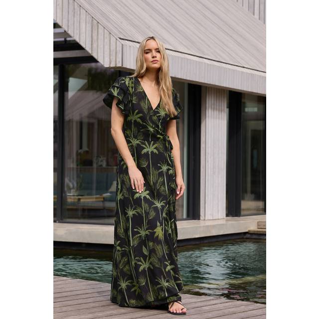 Lts Tall Black Tropical Palm Frill Sleeve Maxi Dress 14 Lts | Tall Women's Floral Dresses