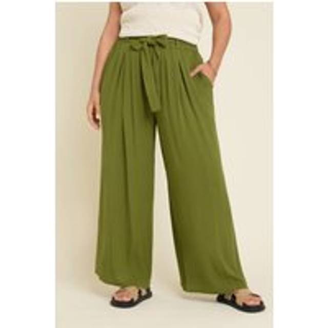 Yours Curve Green Tie Waist Crinkle Wide Leg Trousers, Women's Curve & Plus Size, Yours - 34-36