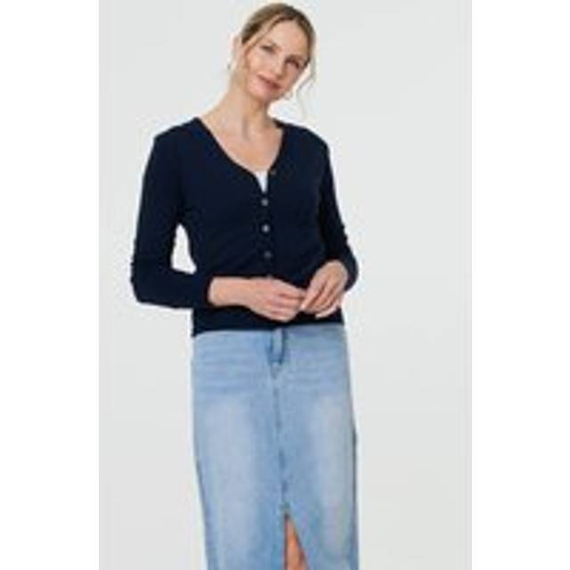 Izabel London Cropped Button-Up Slim Knit Cardigan - Blue - 16