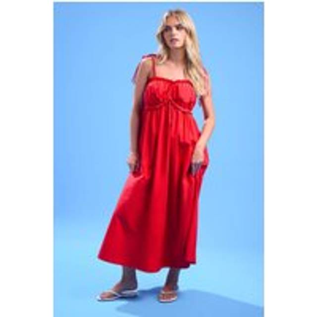 Pixiegirl Petite Red Cotton Frill Bust Tie Dress 18 Pixiegirl | Petite Women's Maxi Dresses
