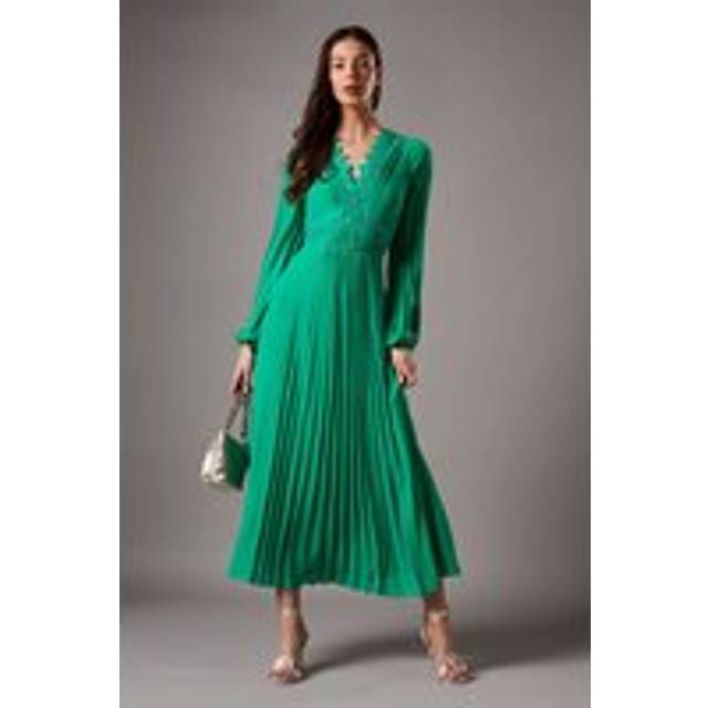 Pleat Detail Lace Trim Maxi Dress - Green - 12