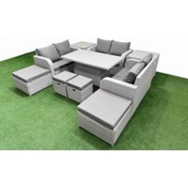 Fimous - 10 PCs Rising Dining Table Set Inclining Love Sofa Seat 2 Big Footstool 2 Small Stool 2 Side Table Light Grey