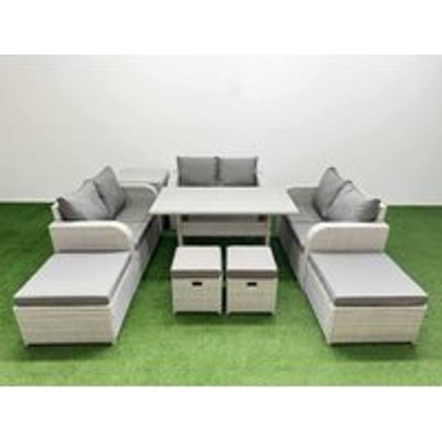 Pe Rattan Lounge Sofa Set 10 Seater Outdoor Garden Furniture Set with Dining Table Love Sofa 2 Big Footstools 2 Small Stool Side Table Light Grey
