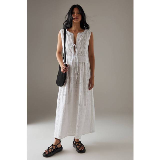 Womens Broderie Drawstring Detail Sleeveless Midi Sundress - white - White - 14