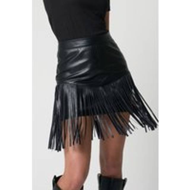 Barneys Originals Women's Real Leather Fringe Mini Skirt in Black | Size: 6