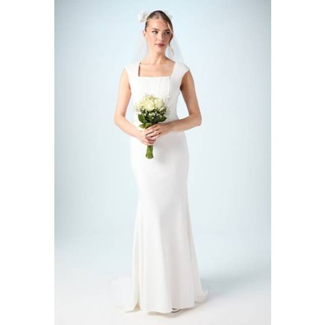 Square Neck Ponte Fishtail Wedding Dress With Puddle - Ivory - 8