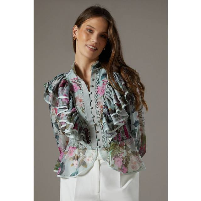 Organza Frill Trim Blouse - Floral - 12