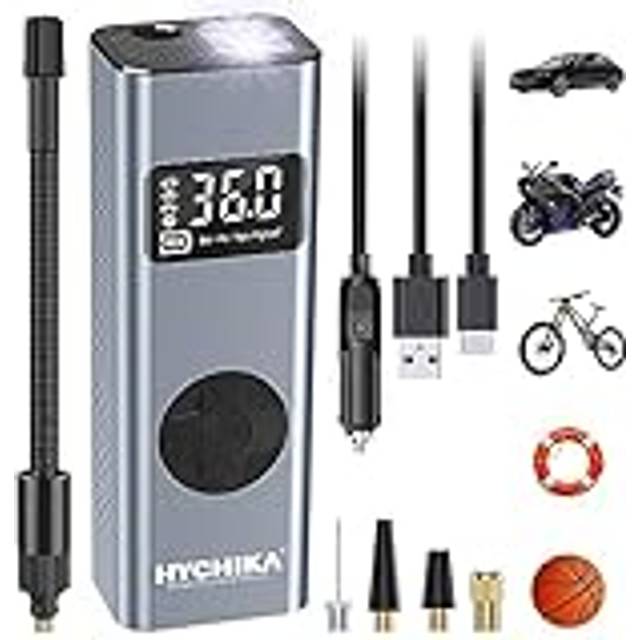 HYCHIKA bärbar luftpump 12V 6000mAh uppladdningsbar I50PSI elektrisk kompresso, bärbar cykelpump med LED-lampa och omkopplingsbar manometer (PSI/BAR/KPA/KG/cm²), 5 tillbehör