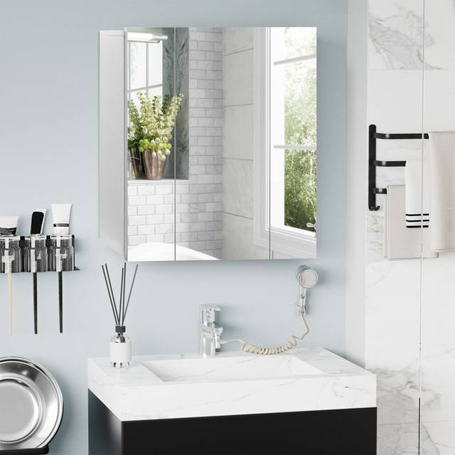 kleankin Bathroom Mirror Cabinet Wall Mount Storage organiser w/ Door, White, White