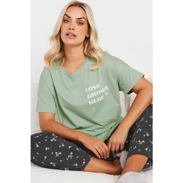 Yours Curve Green 'Love Grows Here' Wide Leg Pyjama Set - 18-20