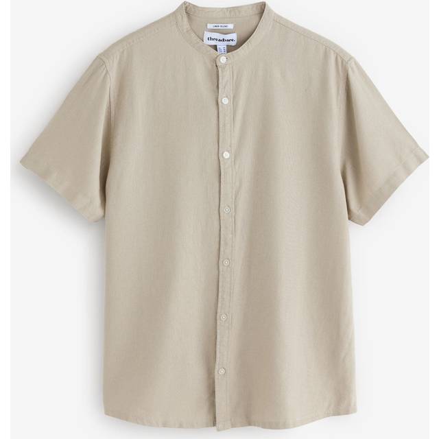 Grandad Collar Linen Blend Short Sleeve Shirt - Beige - S