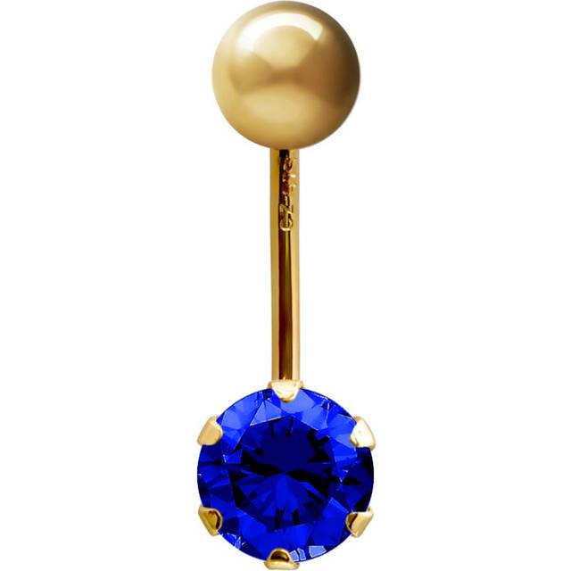(9ct Yellow Gold, Blue) Jewelco London Ladies 9ct Yellow Gold 6mm Cubic Zirconia Solitaire Banana Belly Bar Body Piercing 10mm - JBJ100-101