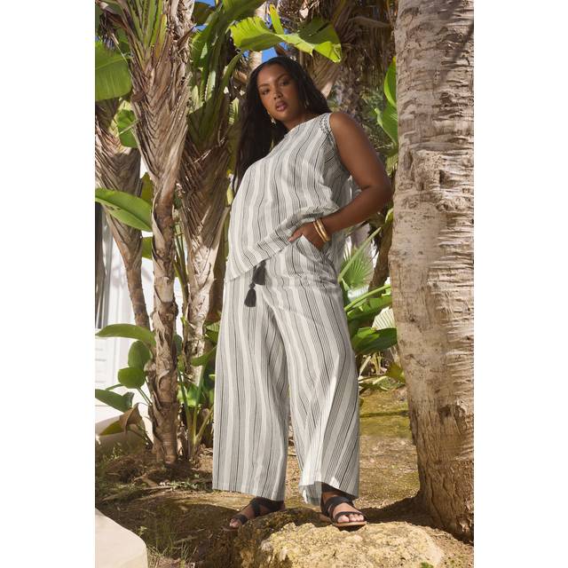 Yours Curve White Stripe Belted Wide Leg Linen Trousers, Women's Curve & Plus Size, Yours - 16