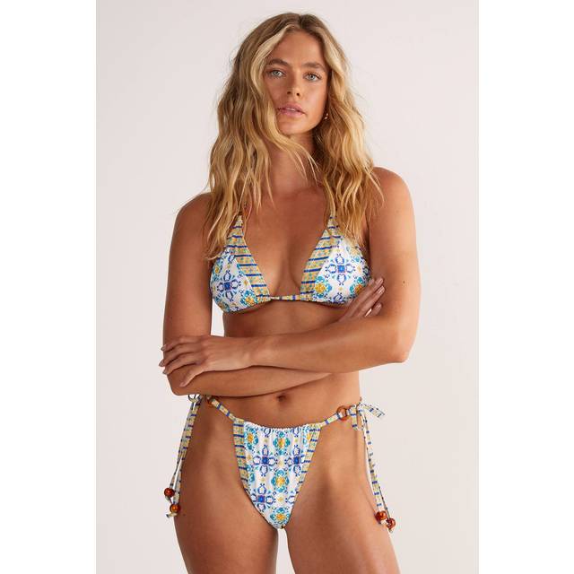 Womens Tile Contrast Border Beaded Triangle Bikini Set - White - 8