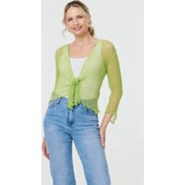 Sheer 3/4 Sleeve Open Front Cardigan - Green - One Size
