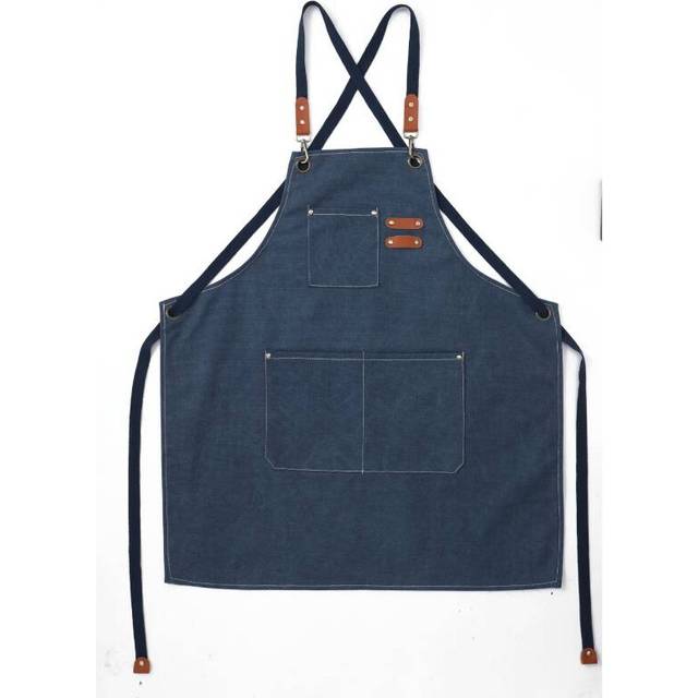 (Blue) Canvas Denim Thick Bib Apron Kitchen Cooking Workshop Heavy Work Solid Color