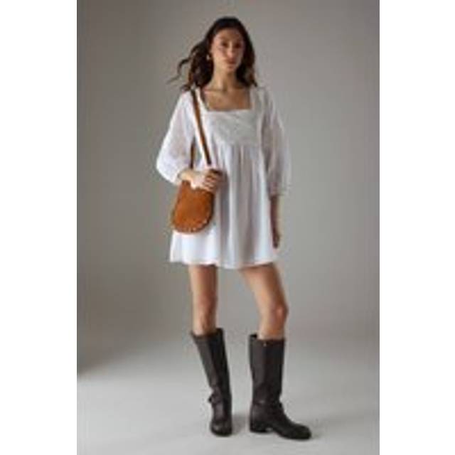 Womens Tablecloth Trim Square Neck Mini Smock Dress - white - White - 12