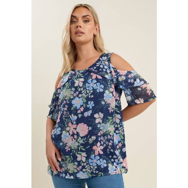 Yours Curve Navy Blue Floral Print Frill Blouse, Women's Curve & Plus Size, Yours - 26-28