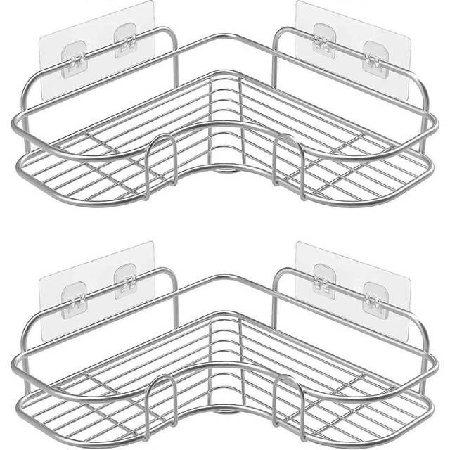(As show, One size) Shower Corner Shelves No Drilling, Stainless Steel Bathroom Storage Shelf with 2 Self Adhesive Hooks, Wall Mounted Shower Caddy Or