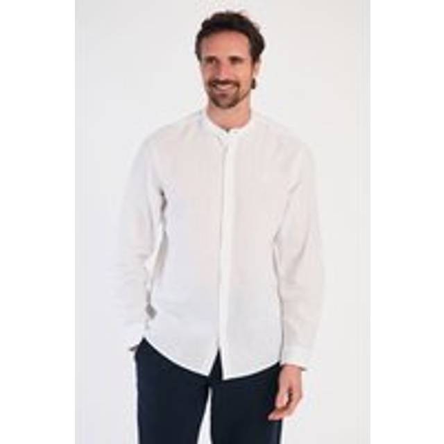 Nines Men Linen Blend Long Sleeve Button-Up Shirt with Grandad Collar in White | Size: large