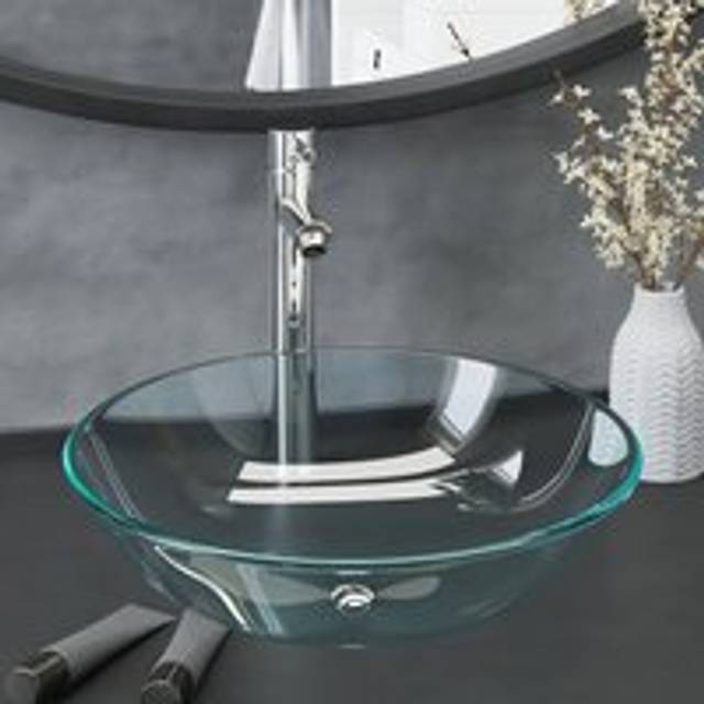 Bathroom Sink with Tap and Push Drain Clear Tempered Glass - Black - One Size
