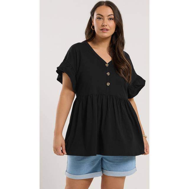 Yours Curve Black Button Frill Sleeve Peplum Top, Women's Curve & Plus Size, Yours - 30-32