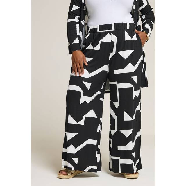Yours Curve Black & White Abstract Wide Leg Trousers, Women's Curve & Plus Size, Yours - 30-32