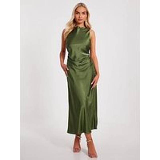 QUIZ Khaki Satin Ruched Midi Dress - 8